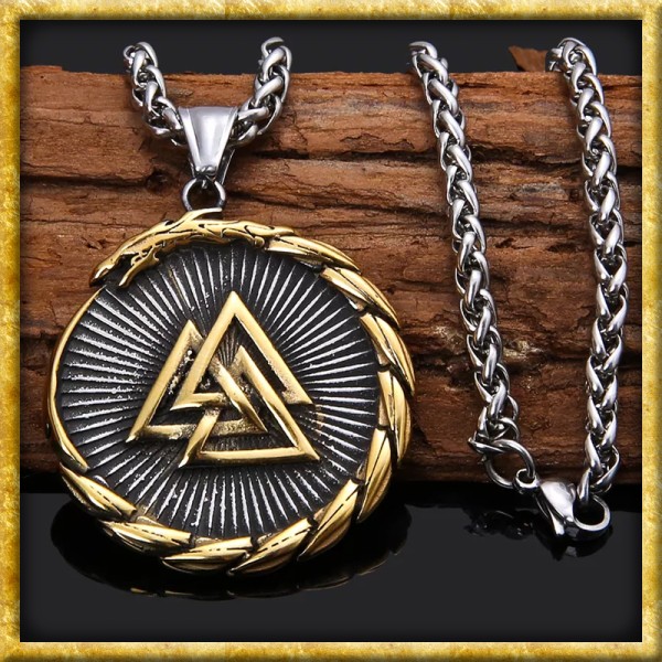 Wikinger Halskette goldener Valknut und Vegvísir