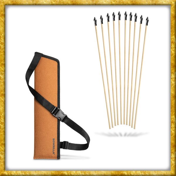 Set aus 10 Holzpfeilen mit Gummispitze und Köcher - 42cm
