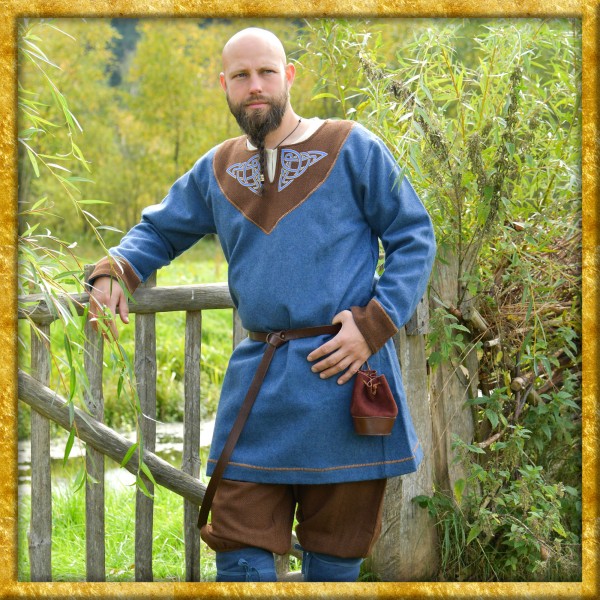 Wikinger Tunika Esben aus Wolle Diamantköper - Blau/Braun