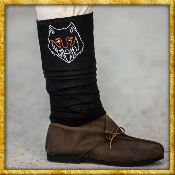 Wikinger Wadenwickel aus Wolle mit Fenrir-Stickerei - Schwarz