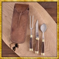 Mittelalterbesteck mit Holzgriff und Lederetui - 3-teilig