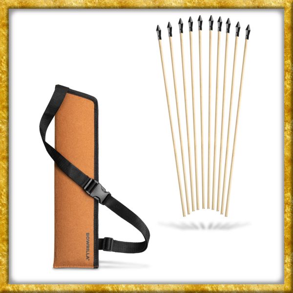 Set aus 10 Holzpfeilen mit Gummispitze und Köcher - 55cm