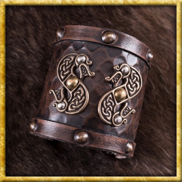 Armschützer aus Leder mit nordischem Drachen-Motiv
