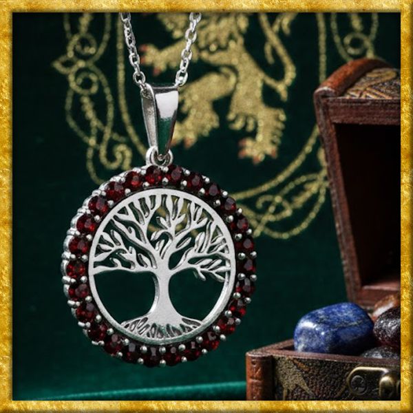Halskette mit Baum des Lebens aus Sterlingsilber mit roten Granatsteinen