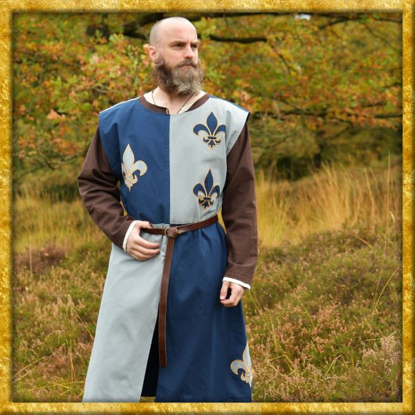 Gefütterter Mittelalter Wappenrock mit Lilie - Blau/Blaugrau