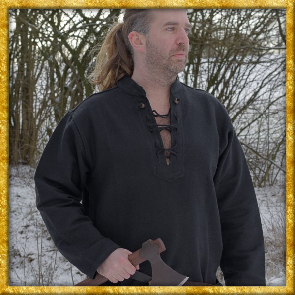 Schweres Mittelalterhemd mit Schnürung - Schwarz