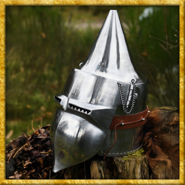 Beckenhaube mit Klappvisier und spitzer Kalotte aus 2mm Stahl