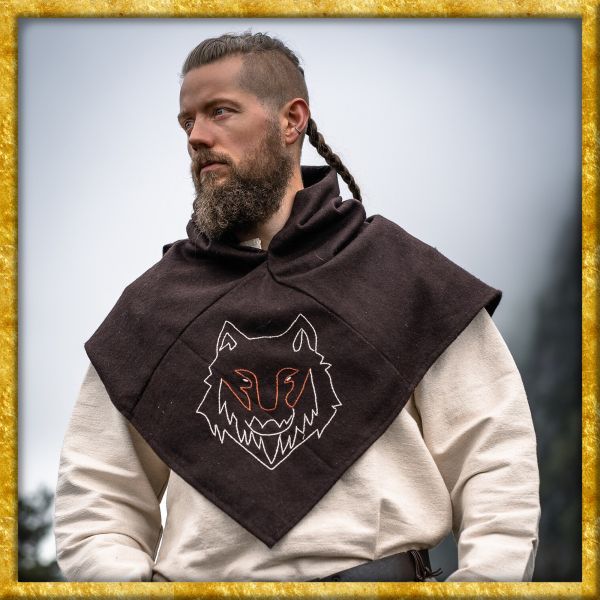 Wikinger Gugel Skjoldehamn mit Fenrir-Stickerei - Braun