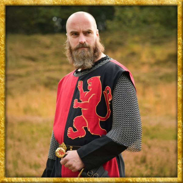 Gefütterter Mittelalter Wappenrock mit Löwe - Rot/Schwarz