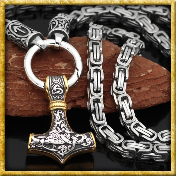 Schwere Wikinger Halskette mit vergoldetem Thors Hammer