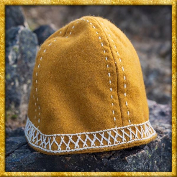 Wikinger Wollkappe mit Stickerei Yngvy - Senfgelb
