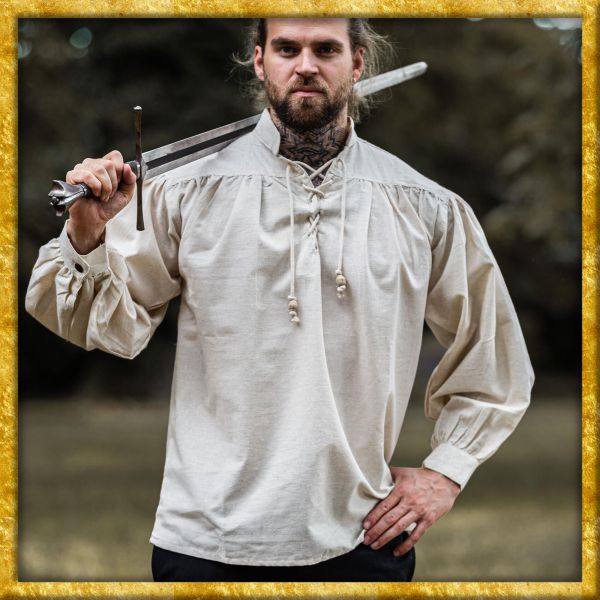 Mittelalterhemd mit Stehkragen und Schnürung - Natur