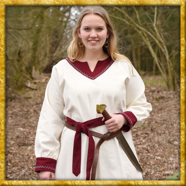Wikinger Kleid mit Gürtel Jona - Natur/Weinrot